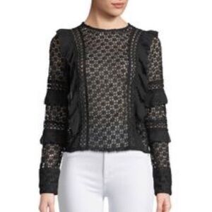 Black crochet lace top with ruffles by Haute Rogue